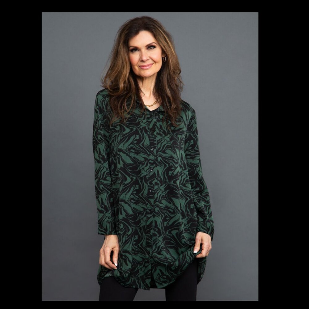 Pasha Blouse/Dress - Size M - Emerald and Black Shirt Dress - Button-Up Blouse